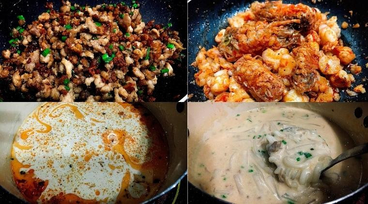 Nồi nước dùng bánh canh với tôm, thịt, nước cốt dừa và nước dừa tươi đang sôi