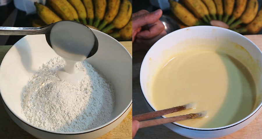 Pha chế bột mì cho món chuối chiên