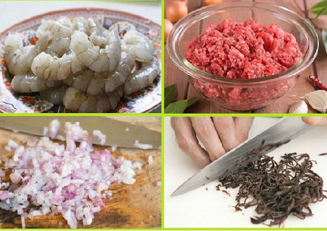 Sơ chế các loại rau củ và tôm thịt cho nhân bánh ít trần