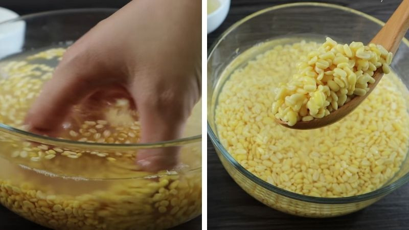Sơ chế đậu xanh ngâm nở để làm nhân bánh trung thu