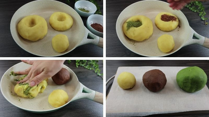 Tạo màu cho ba phần nhân đậu xanh bằng trà xanh và cacao