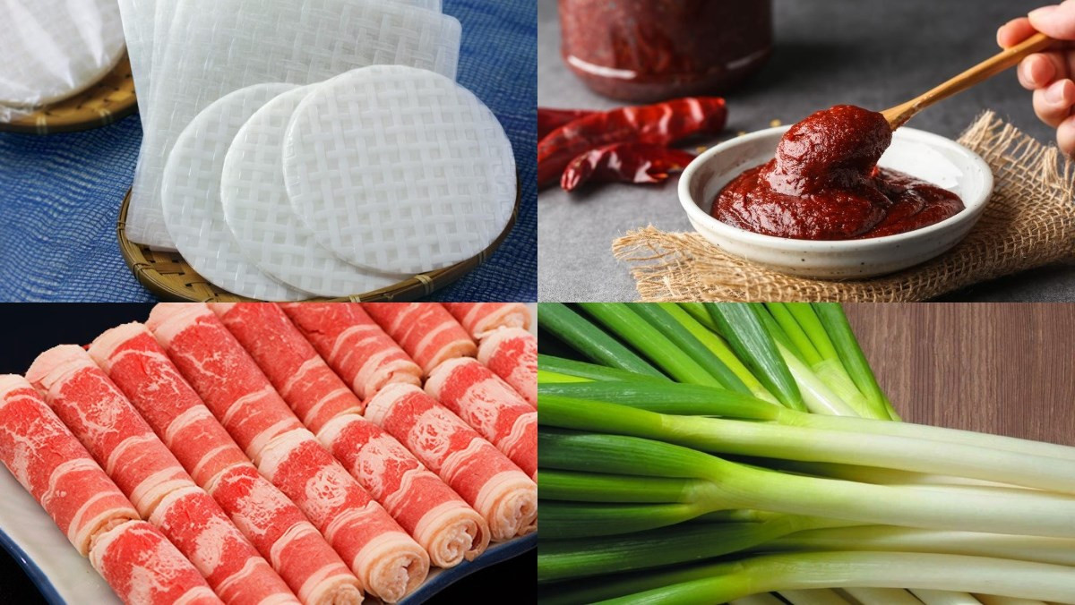 Tập hợp các nguyên liệu đầy đủ để làm tokbokki bánh tráng thập cẩm, bao gồm bánh tráng, thịt bò, spam, mì gói và rau củ.