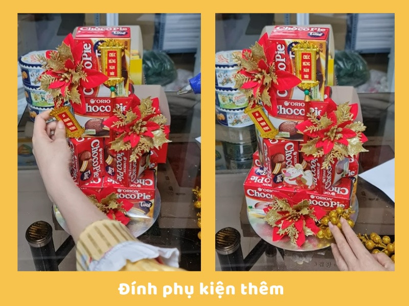Thêm phụ kiện trang trí như câu đối, mèo thần tài lên tháp bánh Chocopie.