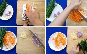 Tôm khô được ngâm mềm và các nguyên liệu khác sơ chế sạch sẽ
