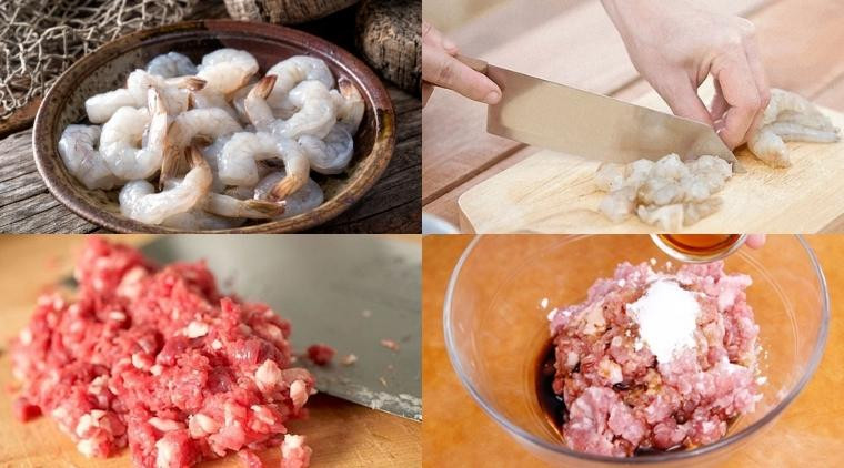 Tôm tươi đã được lột vỏ và thịt băm được sơ chế, chuẩn bị ướp gia vị