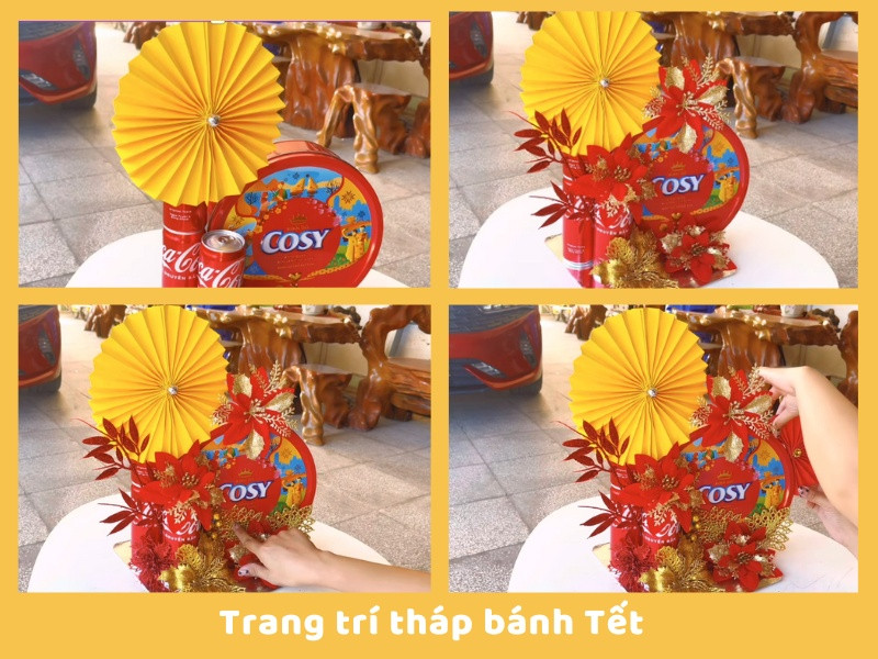 Trang trí tháp bánh và nước ngọt với quạt giấy và hoa lá giả tạo điểm nhấn.