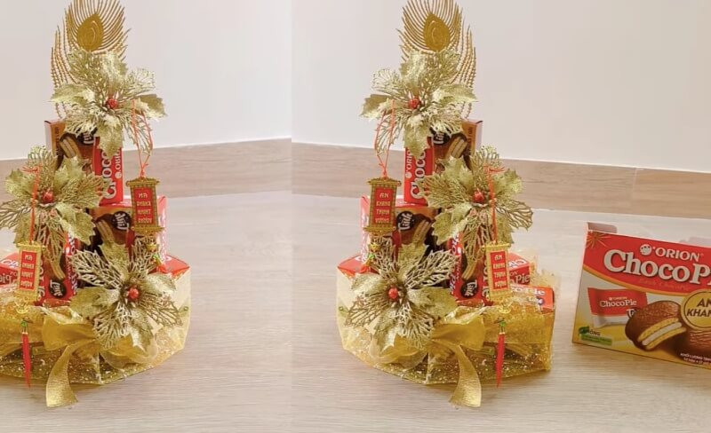 Tráp bánh Tết với bánh Choco-pie đã hoàn thành