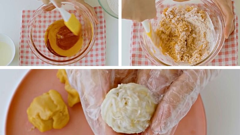 Trộn bột vỏ bánh và vo tròn nhân sữa dừa sầu riêng