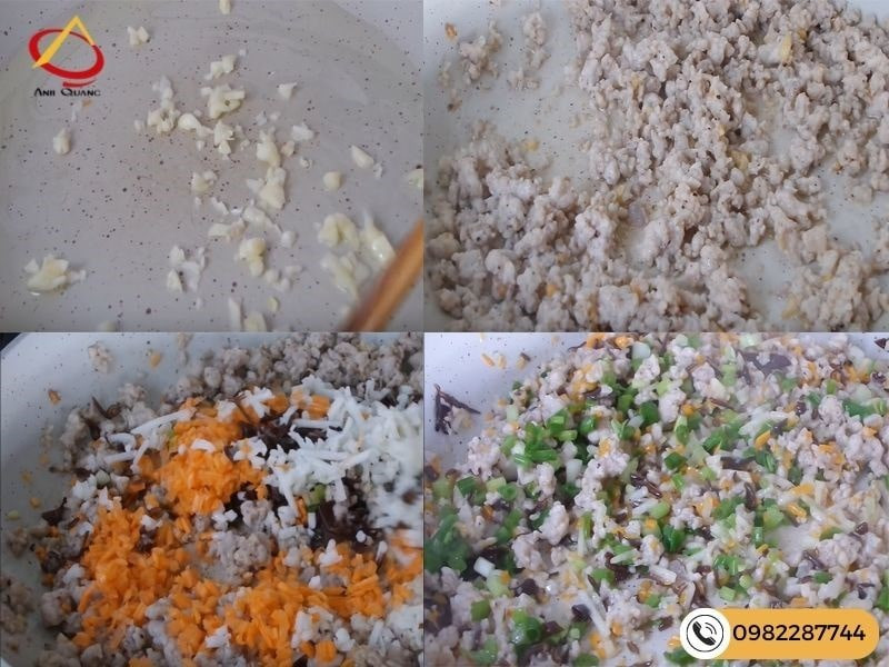 Xào chín thịt với rau củ làm bánh