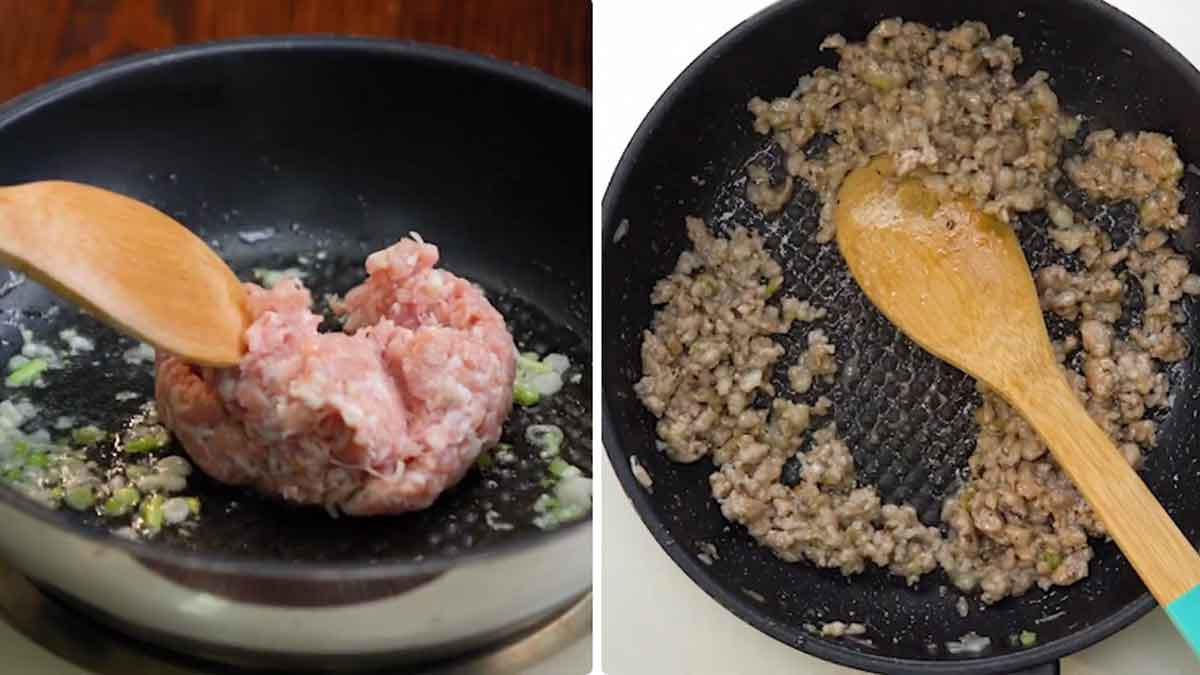 xào thịt làm bánh tráng nướng bằng chảo