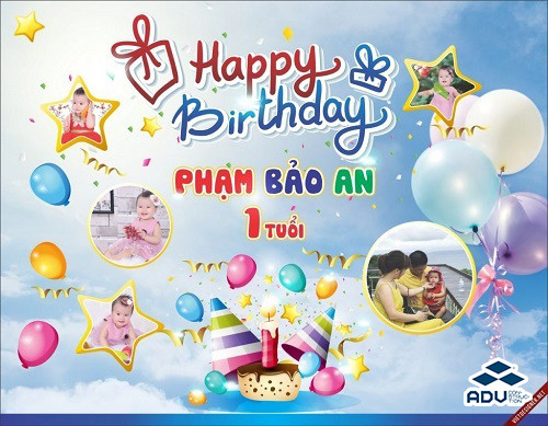 Băng rôn trang trí sinh nhật với hình ảnh bánh ngọt và hoa tươi