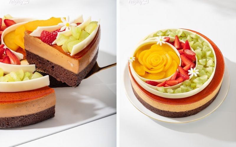 Bánh Bold Charming Flan Gato Trà Thái Đỏ trang trí dâu tây và kiwi