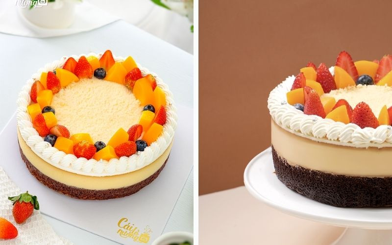 Bánh Flan Gato Fruit &amp; Pins trang trí dâu tây, việt quất và đào tươi