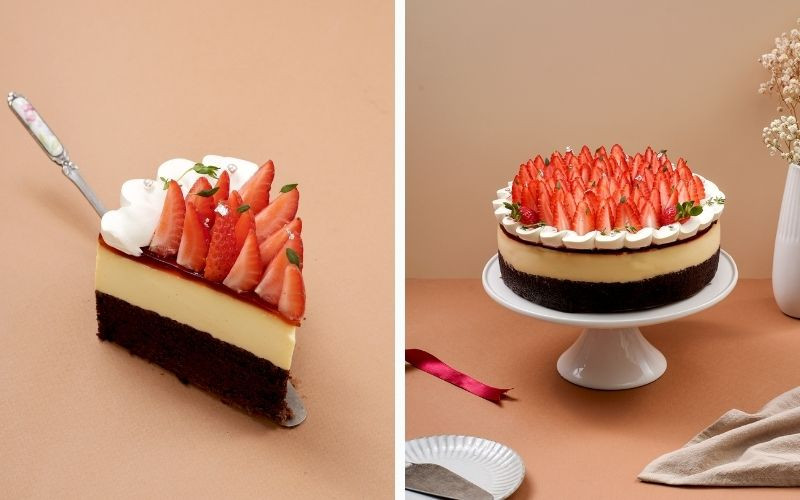 Bánh Flan Gato Strawberry với dâu tây tươi mọng và kem trắng