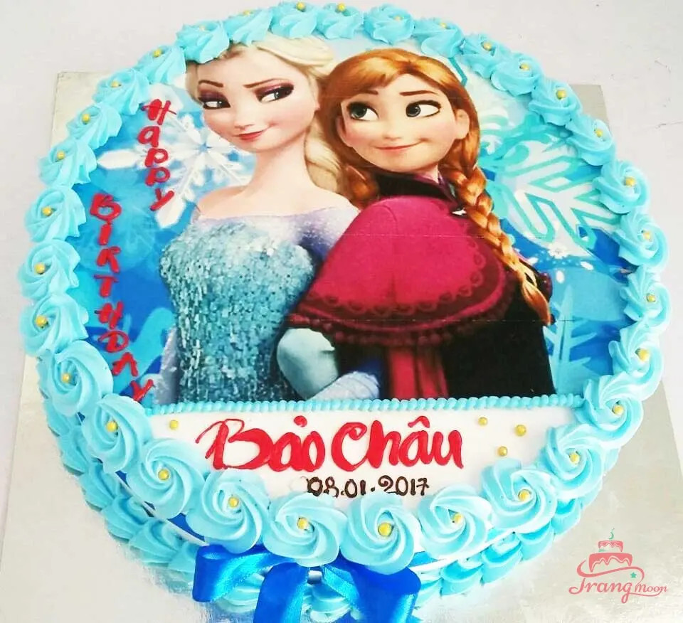 Bánh kem Elsa và Anna với thiết kế màu xanh tươi sáng