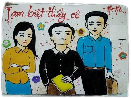 Bánh kem hình giáo viên và học sinh đang vẽ trên bảng