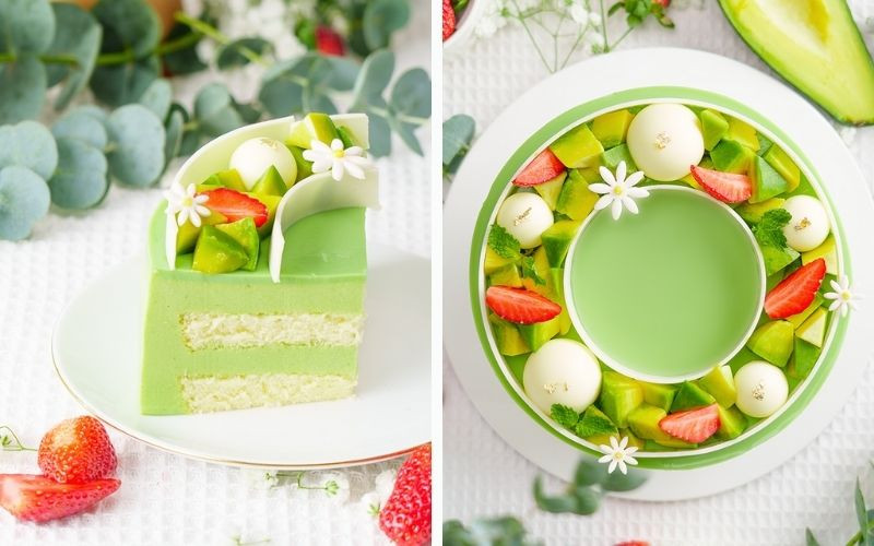 Bánh mousse bơ Green Bliss màu xanh mát mắt với topping trái cây