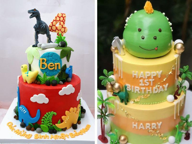 Bánh sinh nhật 2 tầng cho bé trai chủ đề khủng long với tạo hình chân thực và sắc màu tự nhiên.