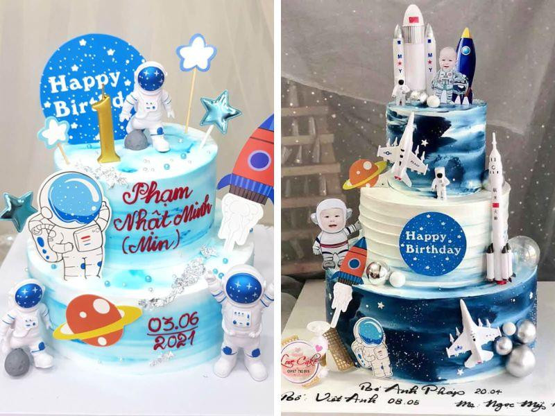 Bánh sinh nhật 2 tầng cho bé trai hình phi hành gia vũ trụ