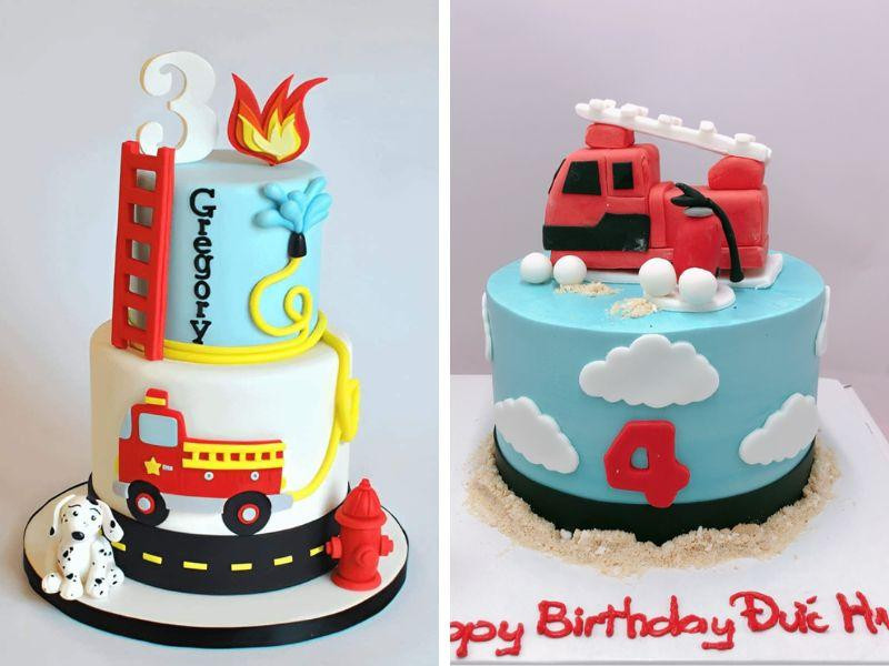 Bánh sinh nhật 2 tầng cho bé trai mô phỏng xe cứu hỏa màu đỏ rực rỡ và các chi tiết chân thực.