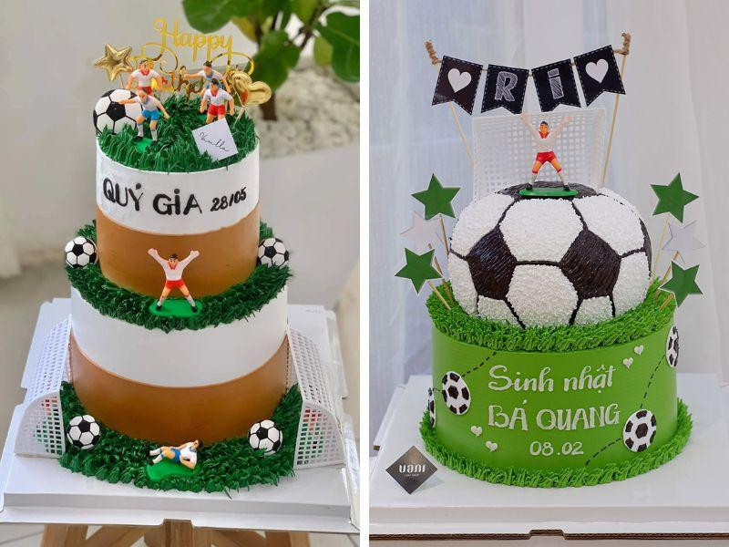 Bánh sinh nhật 2 tầng cho bé trai với chủ đề thể thao, tràn đầy năng lượng và các biểu tượng đặc trưng của sân chơi.