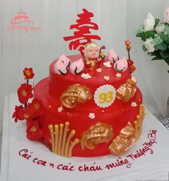 Bánh sinh nhật 2 tầng mừng thọ ông bà trang trí hoa và chữ