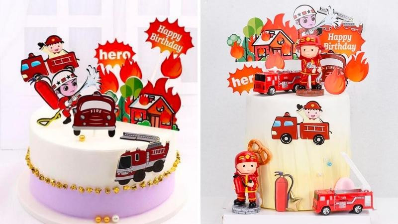 Bánh sinh nhật chủ đề xe cứu hỏa với trang trí bắt mắt