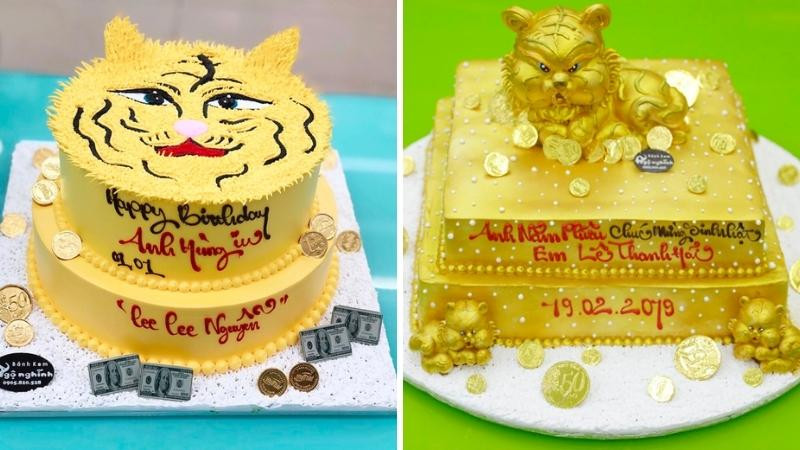 Bánh sinh nhật con hổ cute 2 tầng màu vàng ấm áp