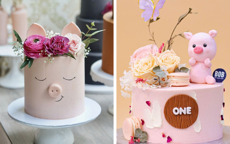 Bánh sinh nhật con lợn hoa lá tươi tắn cho bé gái