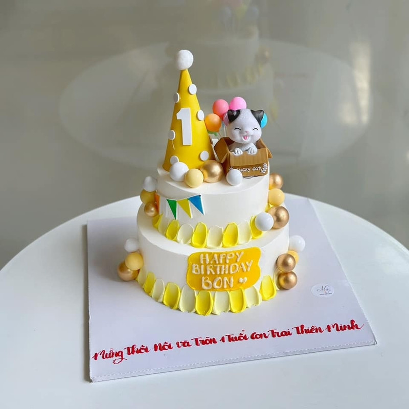 Bánh sinh nhật con mèo hai tầng đầy màu sắc