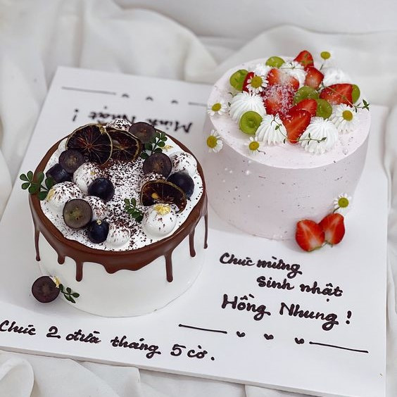Bánh sinh nhật đôi hiện đại phủ socola và trang trí trái cây tươi