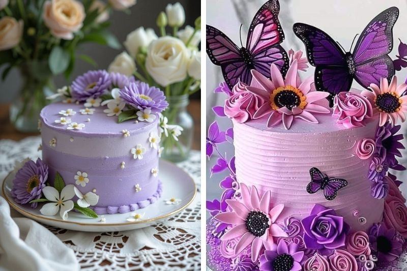 Bánh sinh nhật màu tím pastel hai tầng trang trí công phu