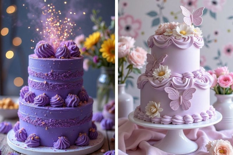 Bánh sinh nhật màu tím pastel nhiều tầng trang trí đẹp mắt