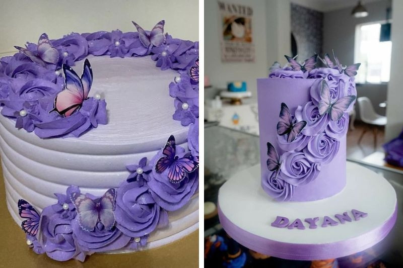 Bánh sinh nhật màu tím pastel tối giản với hoa kem nhỏ