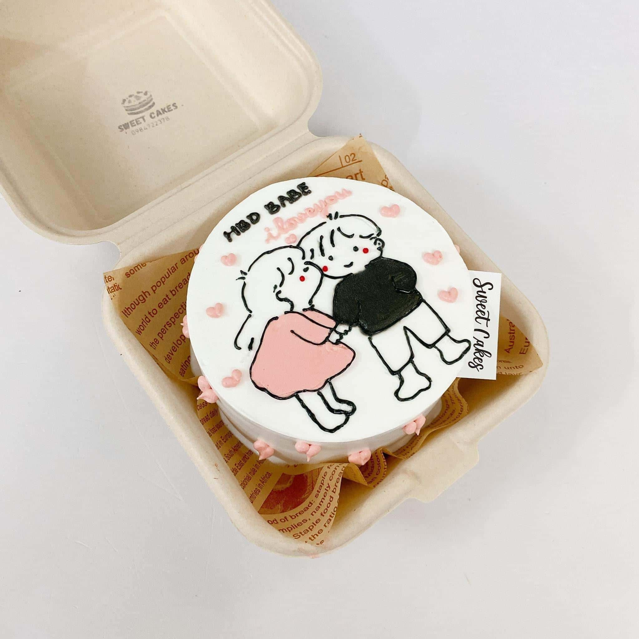 Bánh sinh nhật mini cho người yêu vẽ hình cặp đôi chibi ôm nhau