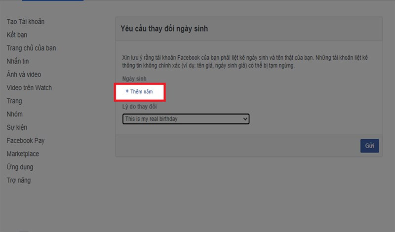 Các lựa chọn lý do khi thay đổi ngày sinh trên Facebook