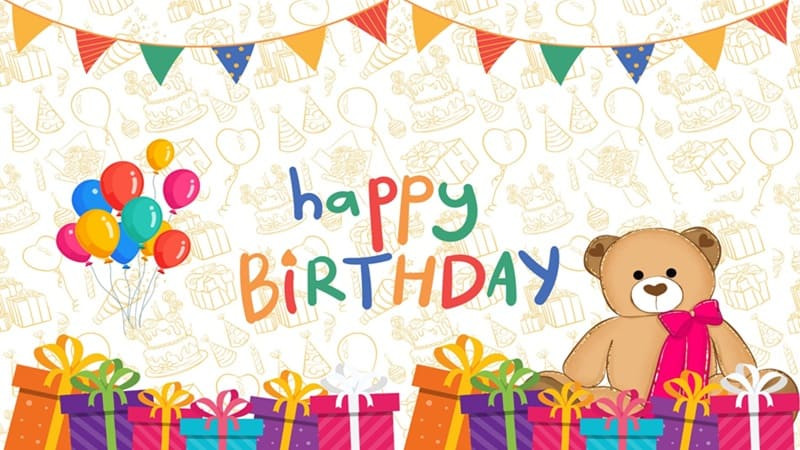 Card sinh nhật với dòng chữ "Happy Birthday" nổi bật, màu sắc tươi vui