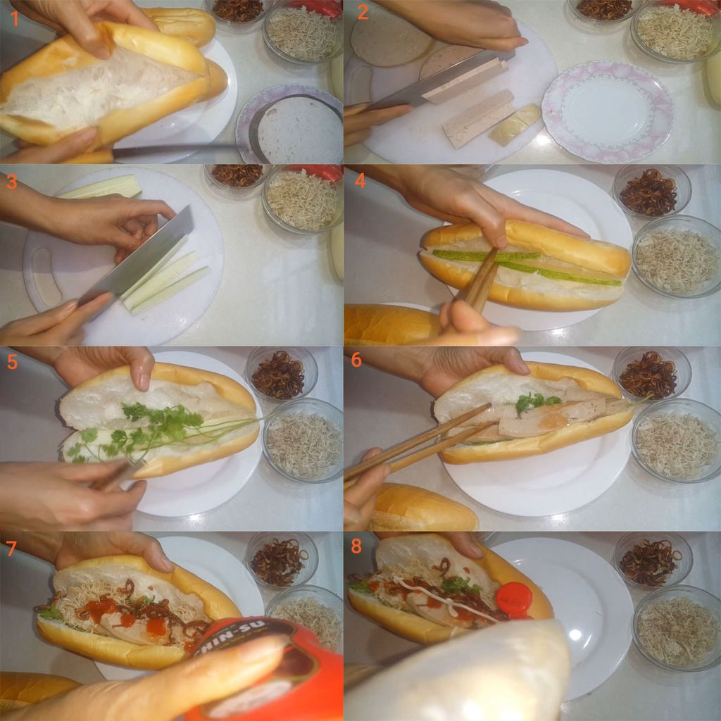 Chả lụa và các nguyên liệu được sắp xếp gọn gàng trong ổ bánh mì