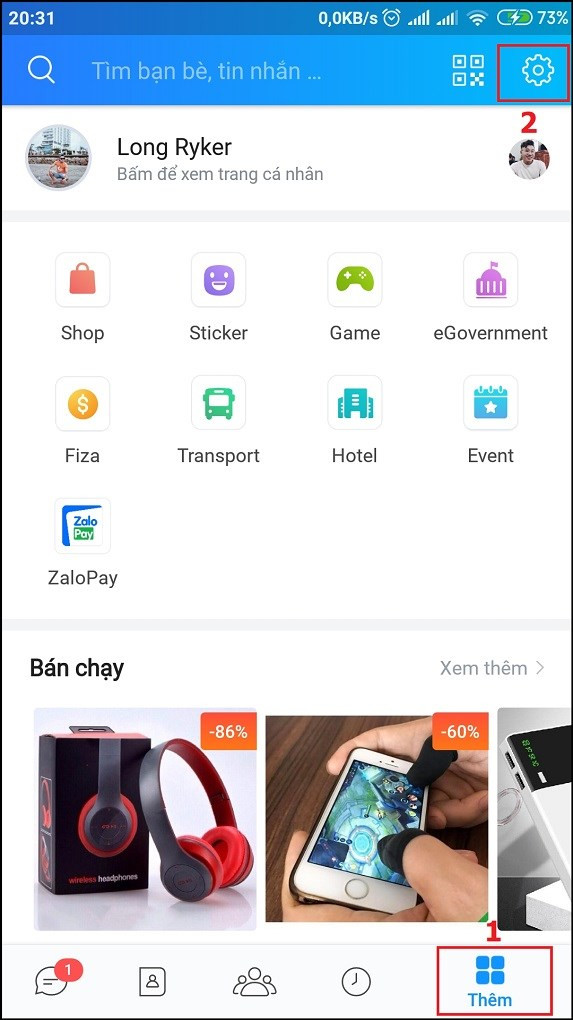 Chạm vào mục Thêm rồi biểu tượng Cài đặt hình bánh răng cưa để truy cập các tùy chỉnh Zalo