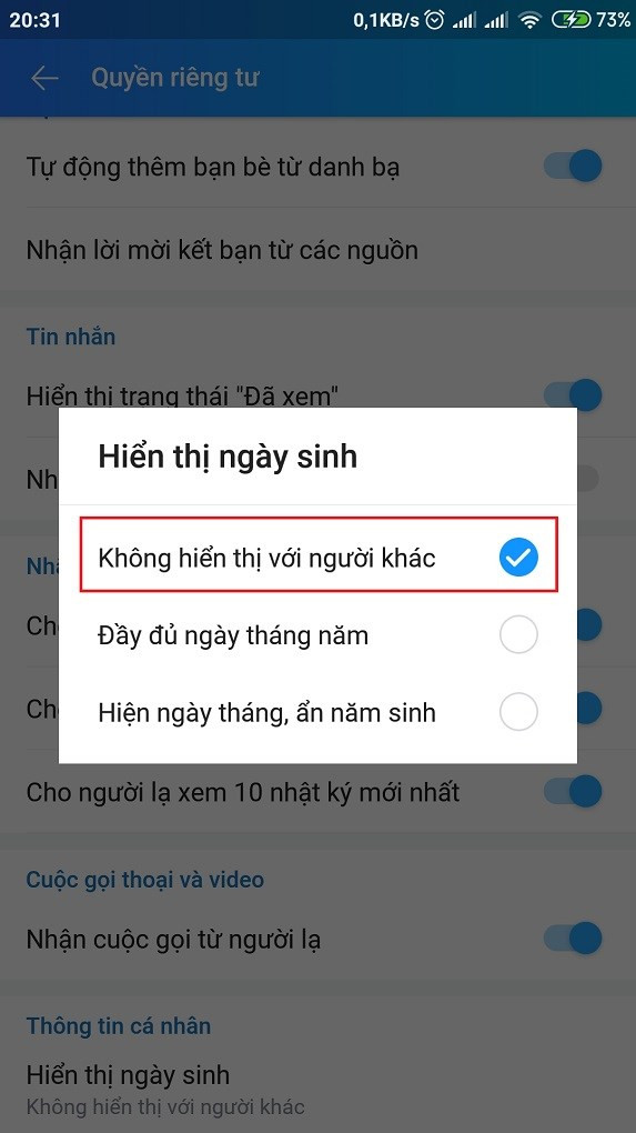 Chọn không hiển thị người khác Zalo