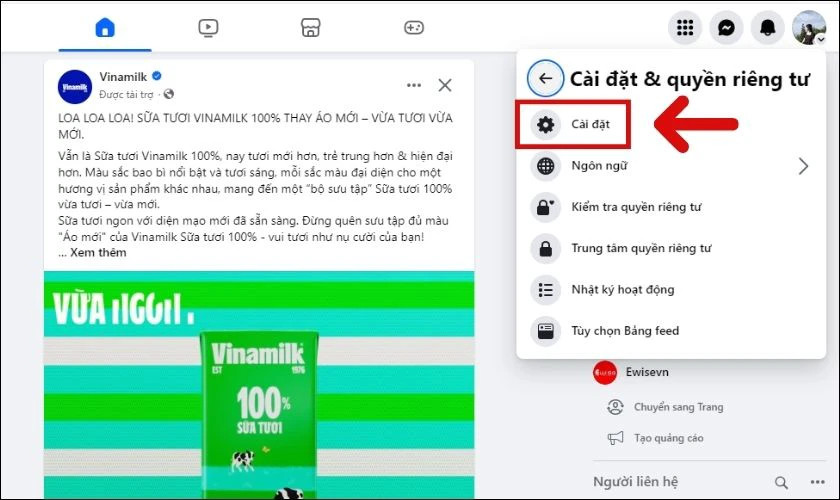 Chọn mục Cài đặt để tiếp tục cấu hình thông báo sinh nhật trên Facebook