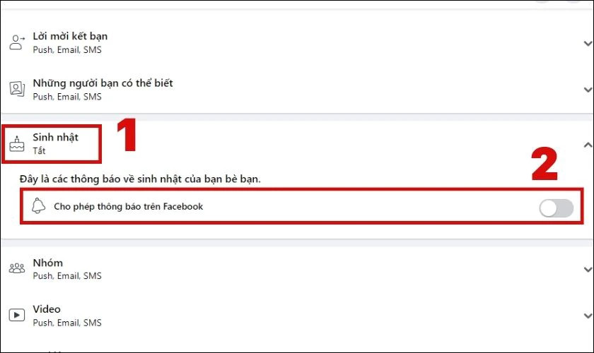 Chọn Sinh nhật và tắt thông báo để không nhận tin nhắn chúc mừng trên Facebook