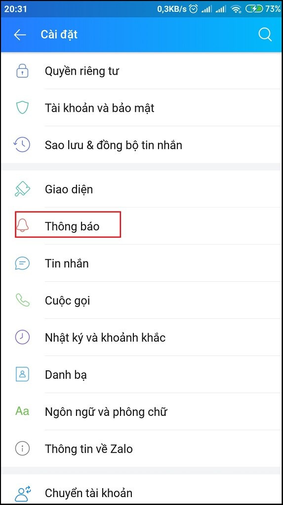 Chọn thông báo Zalo