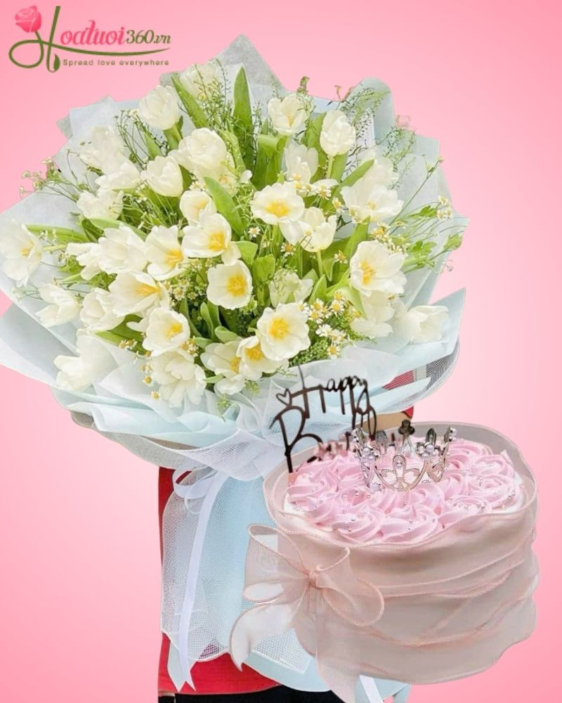 Combo bánh kem sinh nhật và hoa tulip thanh lịch