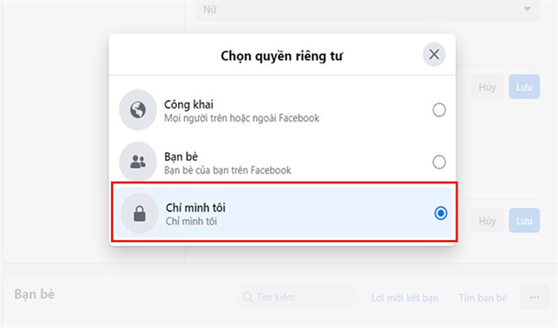 Cửa sổ pop-up trên Facebook máy tính, cho phép người dùng chọn "Chỉ mình tôi" để ẩn sinh nhật hoàn toàn