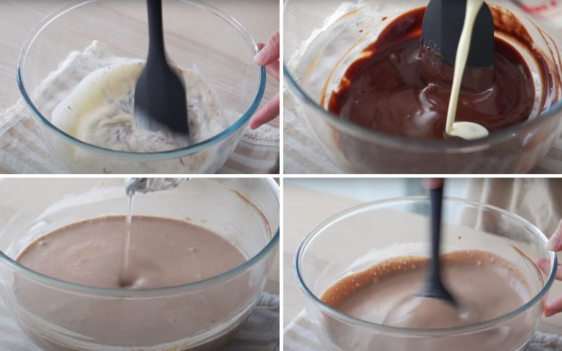 Đánh bông kem socola để phủ bánh sinh nhật dâu tây