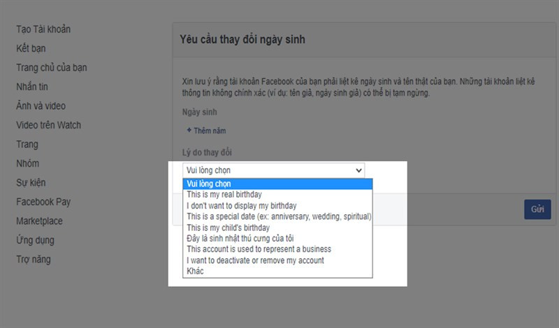 Đổi ngày sinh Facebook bằng link 159