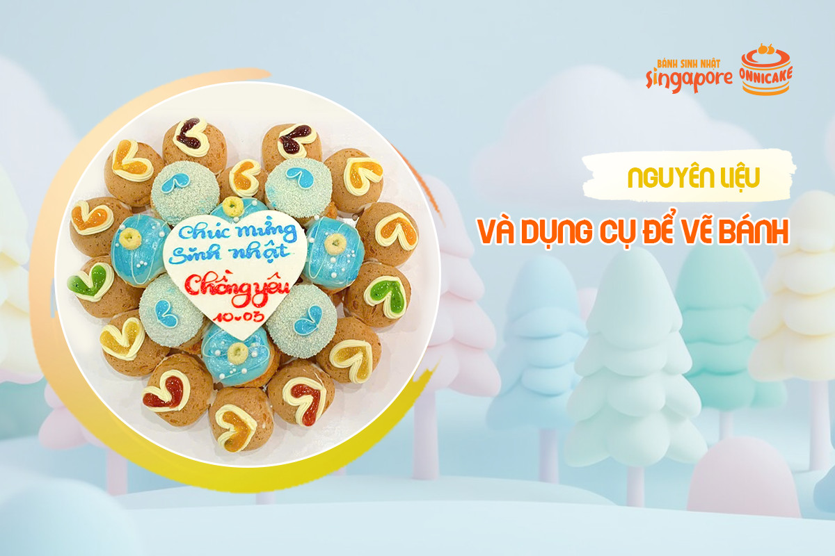 Dụng cụ và nguyên liệu cần thiết để vẽ bánh sinh nhật cute, bao gồm kem bơ màu sắc, cọ vẽ thực phẩm và khuôn cắt hình đáng yêu