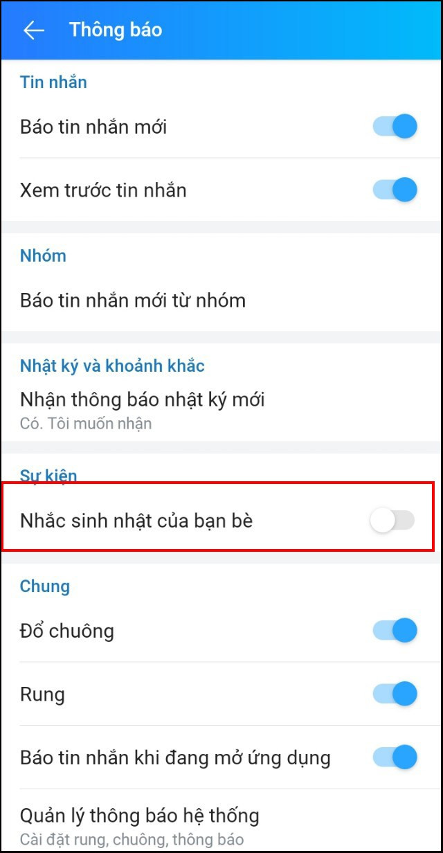 Gạt thanh nhắc sinh nhật bạn bè Zalo