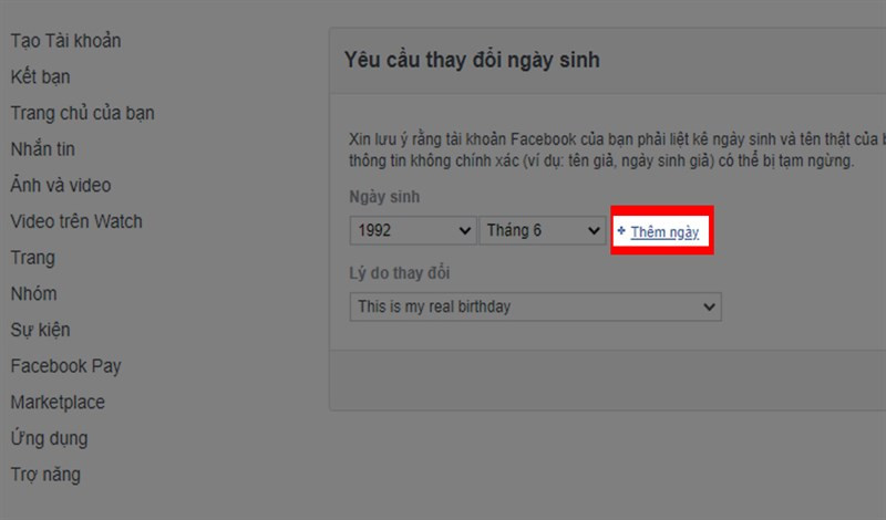 Giao diện chọn ngày sinh trên biểu mẫu Link 159 của Facebook, cho phép nhập ngày chính xác